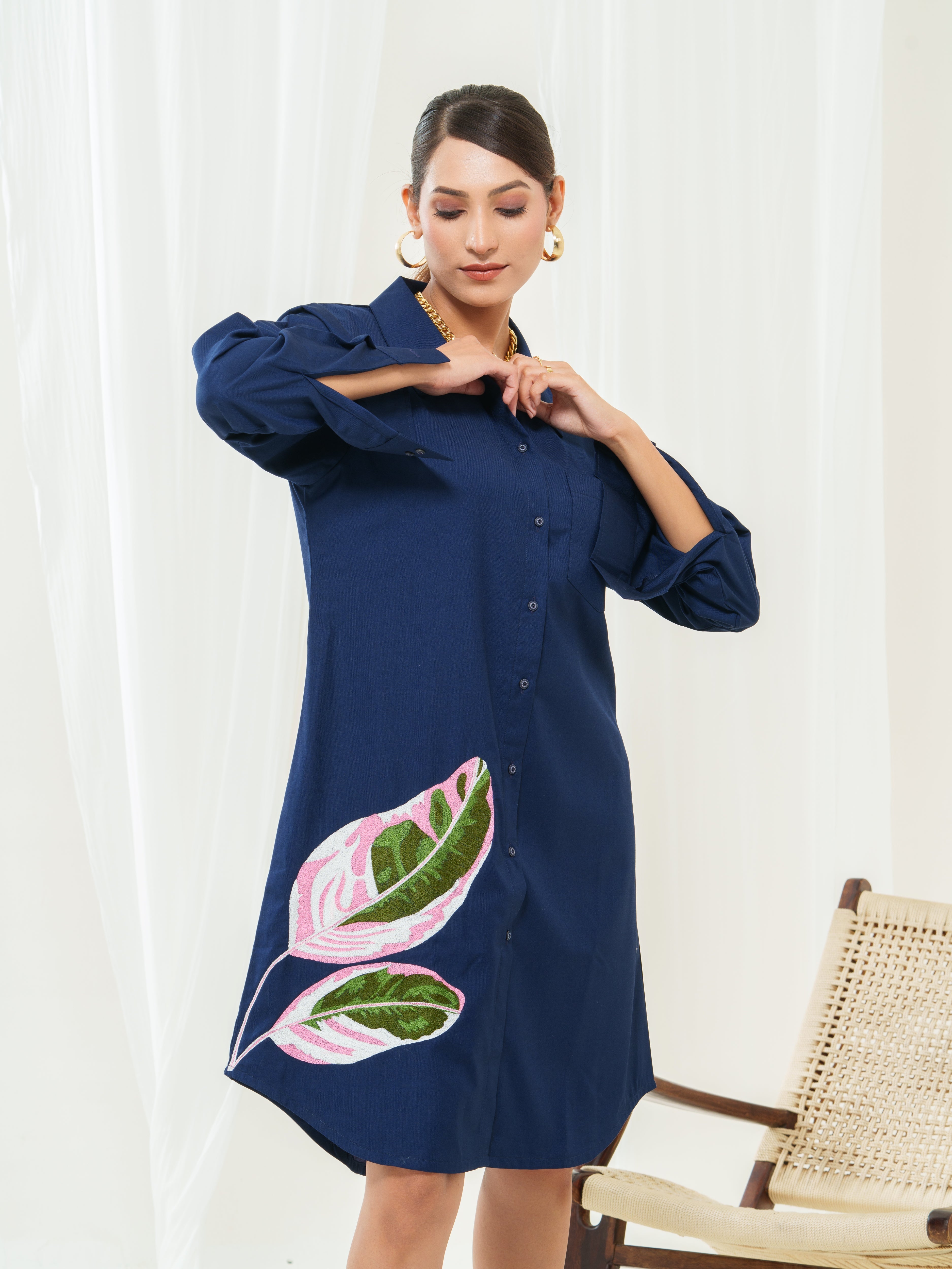 Calathea leaves embroidery shirt dress