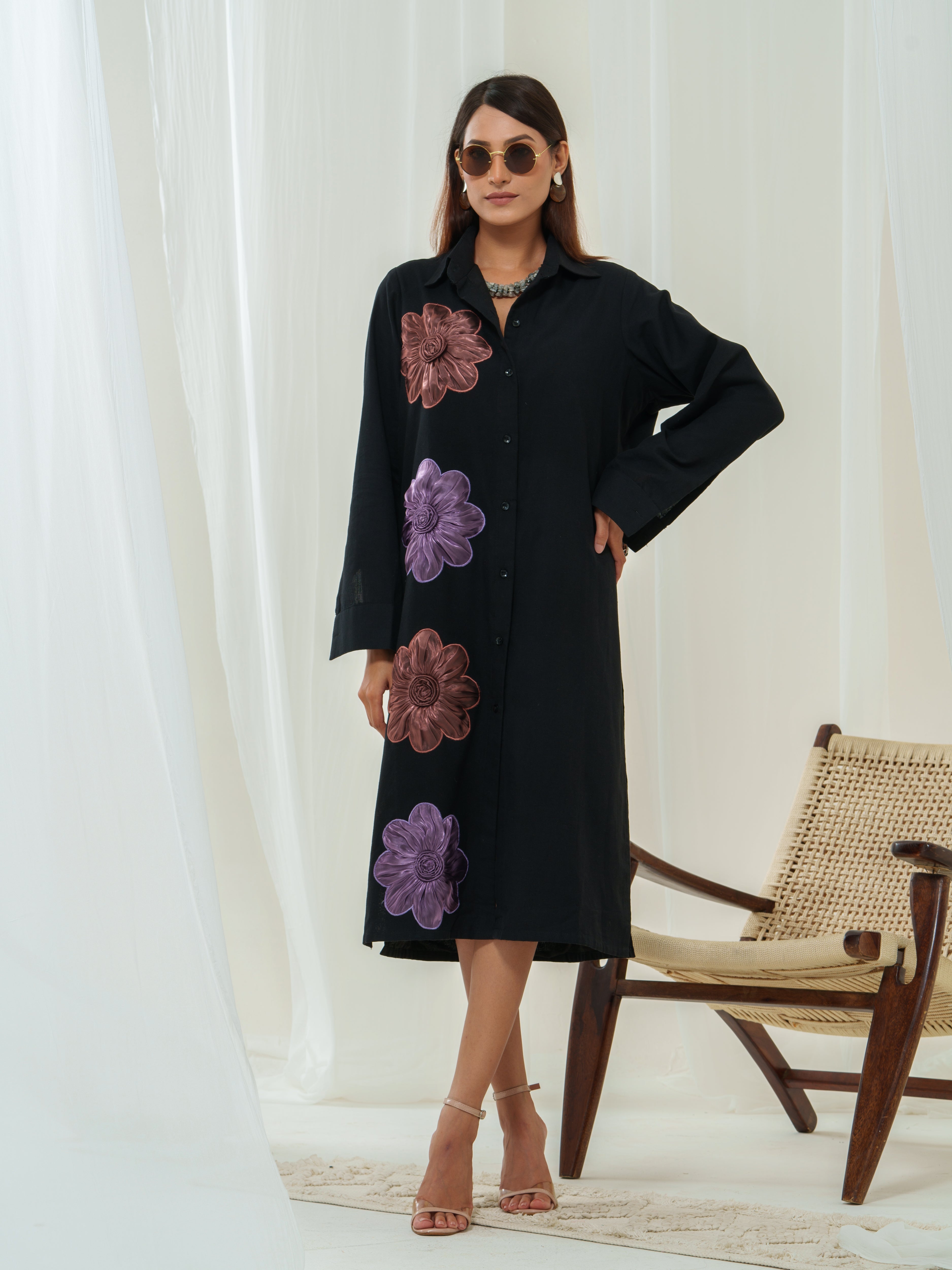 Handloom embellished & tissue flower shirt dress